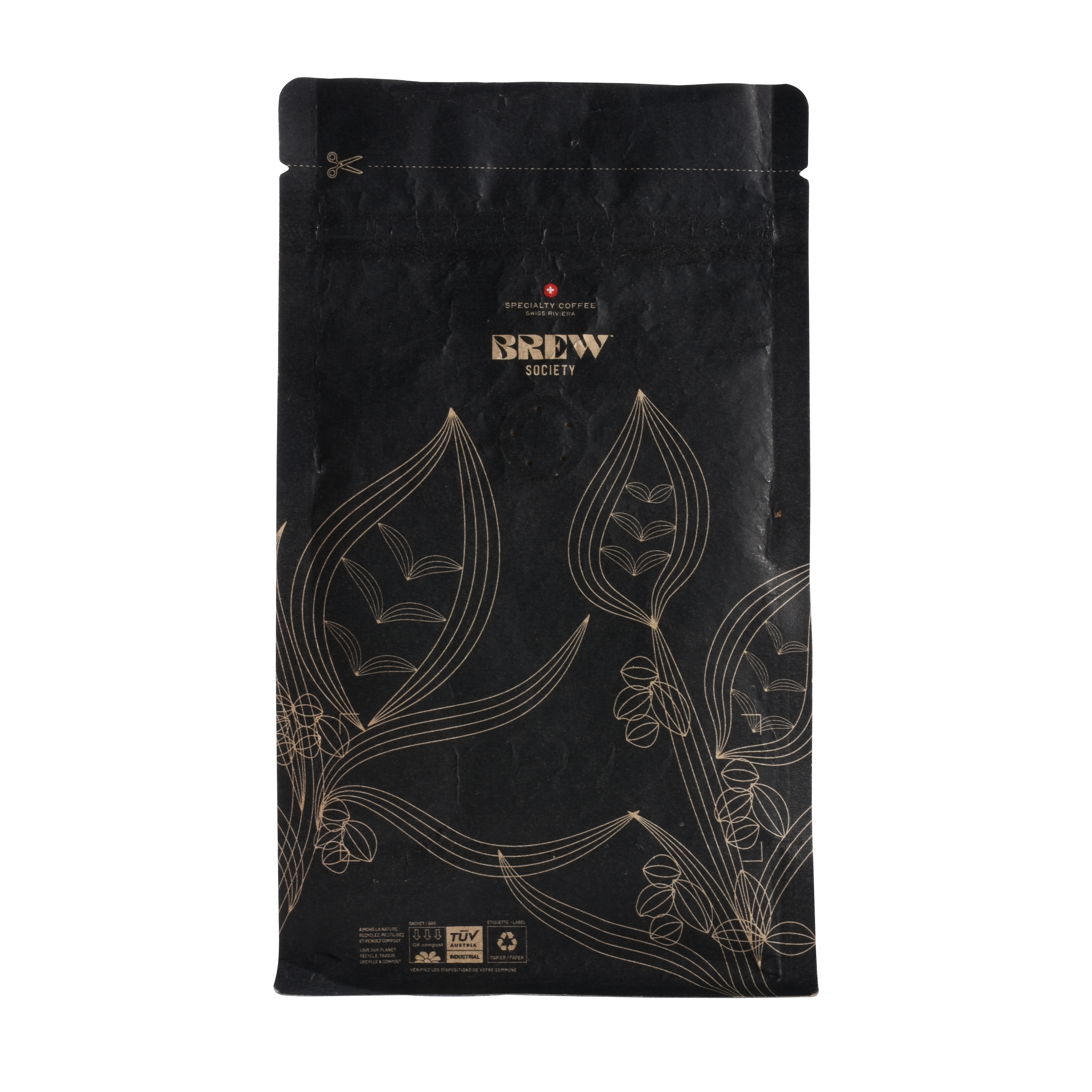 Bolsa de fondo plano de café compostable de 12 oz